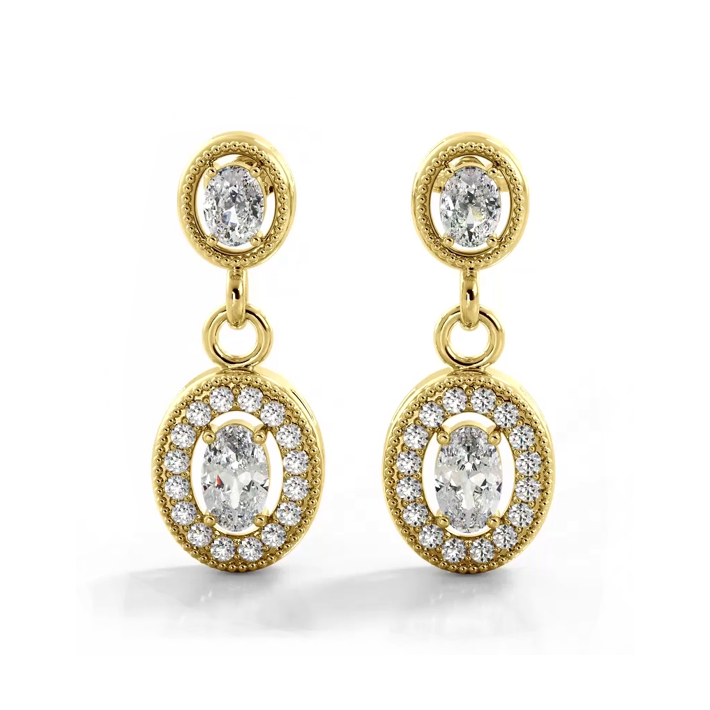 1.0 ctw. Vintage Inspired Oval and Round Diamond Drop Earrings - 14K Yellow Gold - G-H Color SI1-SI2 Clarity