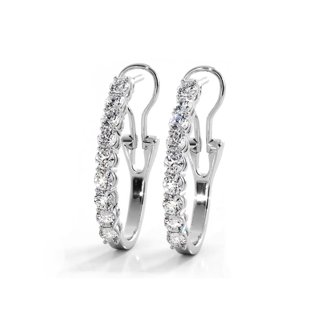1.0 ct. Round Diamond Hoop Earrings With Omega Backing - 14K White Gold - H-I Color I1-I2 Clarity