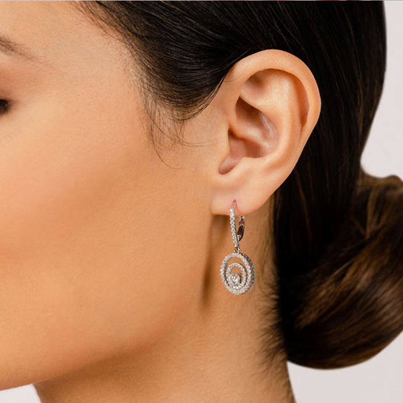 1.0 ctw. Double Circle Diamond Dangling Earrings - 14K White Gold - H-I Color I1-I2 Clarity