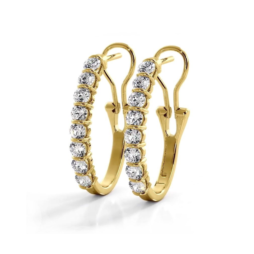 1.0 ct. Bar Set Round Diamond Oval Shaped Hoop Earrings - 14K Yellow Gold - E-F Color VS1-VS2 Clarity