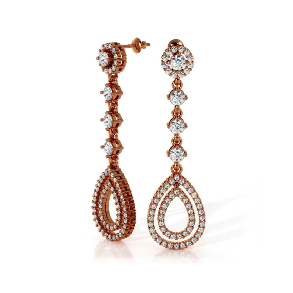 2.0 ctw. Round Diamond Drop Earrings With Double Teardrop Dangle - 14K Yellow Gold - H-I Color I1-I2 Clarity