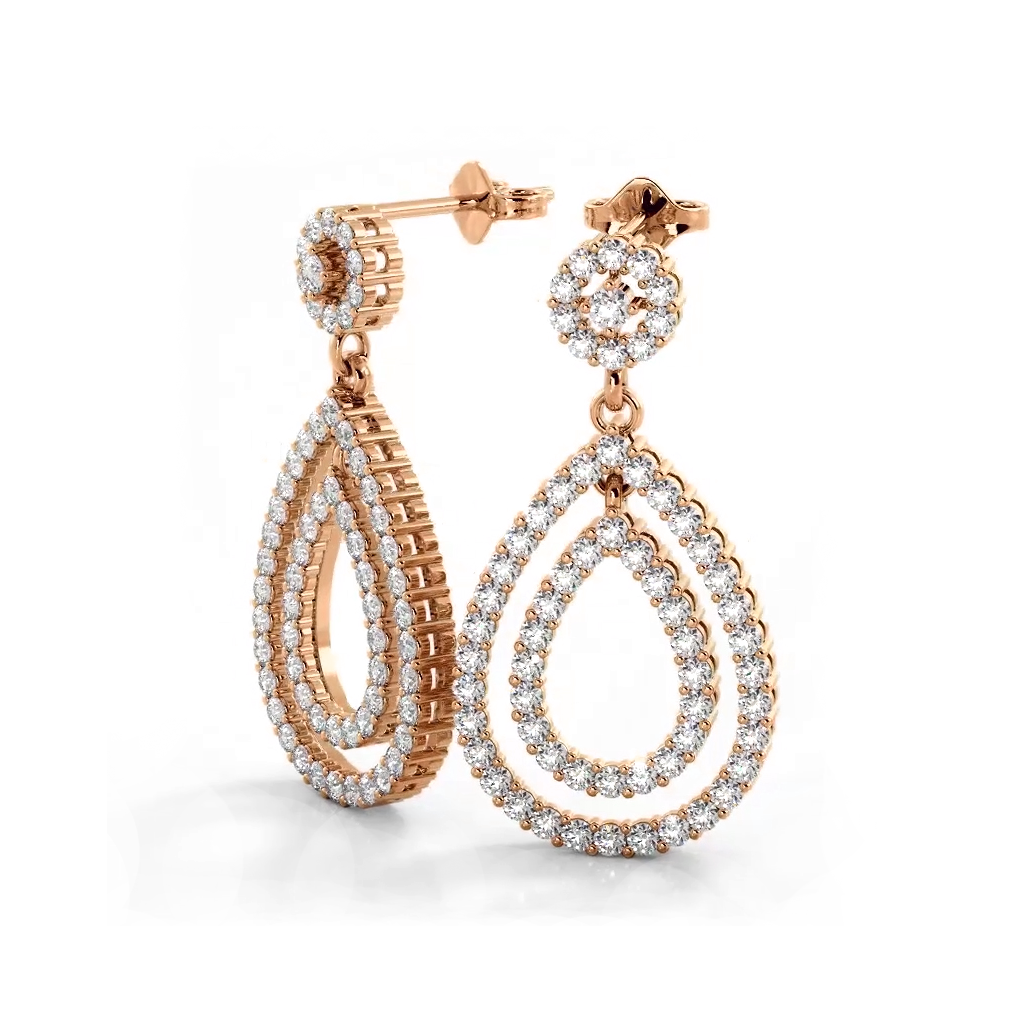 1.0 ctw. Diamond Double Teardrop Dangle Earrings - 14K Rose Gold - E-F Color VS1-VS2 Clarity
