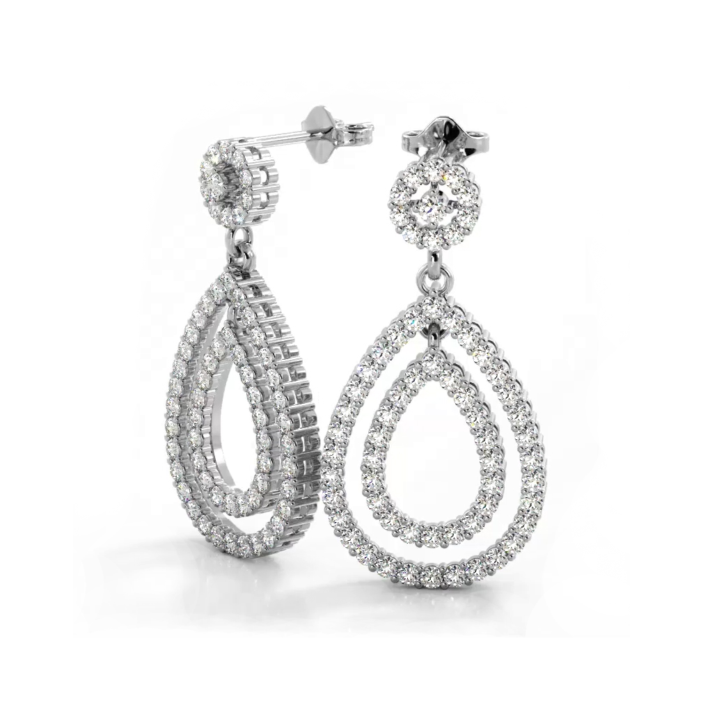 1.0 ctw. Diamond Double Teardrop Dangle Earrings - 14K White Gold - H-I Color I1-I2 Clarity