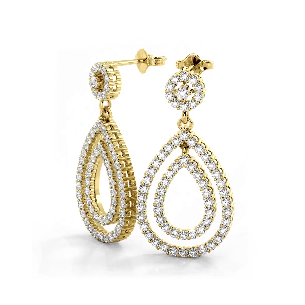 1.0 ctw. Diamond Double Teardrop Dangle Earrings - 14K Yellow Gold - H-I Color I1-I2 Clarity