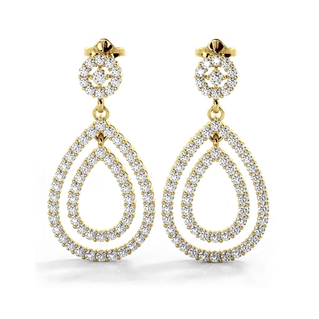 1.0 ctw. Diamond Double Teardrop Dangle Earrings - 14K Yellow Gold - E-F Color VS1-VS2 Clarity
