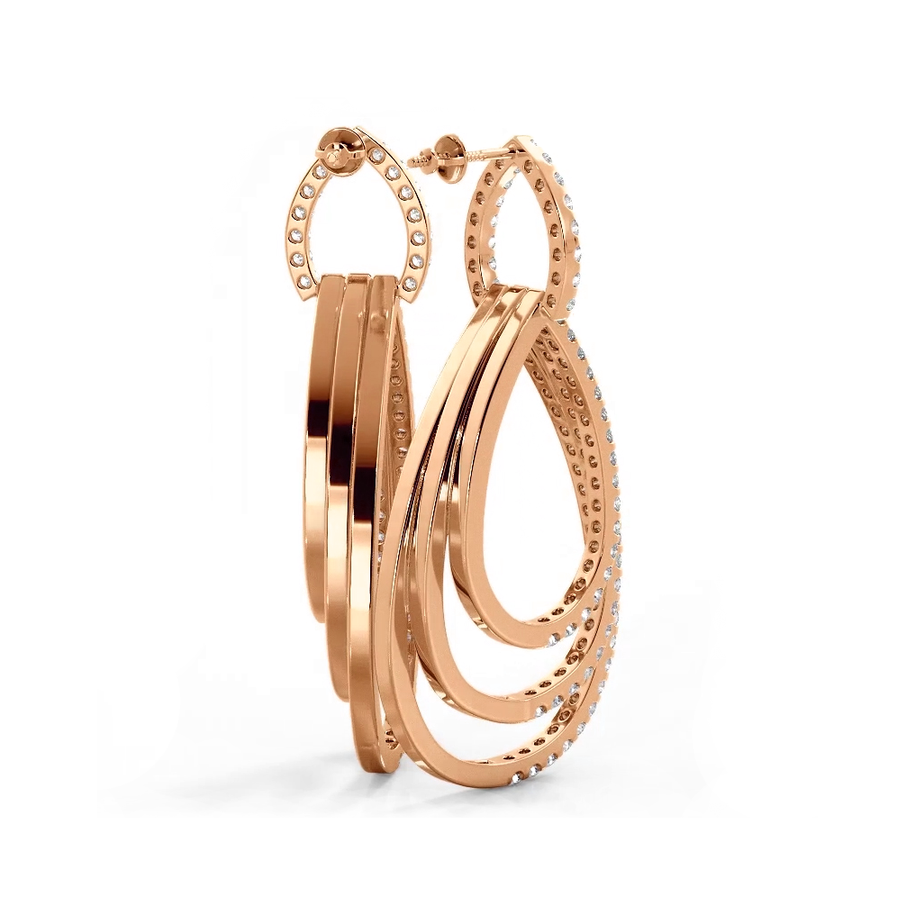 3.0 ctw. Round Diamond Drop Earrings Triple Hoop Dangles - 14K Rose Gold - H-I Color I1-I2 Clarity