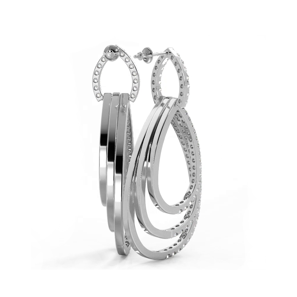 3.0 ctw. Round Diamond Drop Earrings Triple Hoop Dangles - 14K White Gold - F-G Color VS1-VS2 Clarity