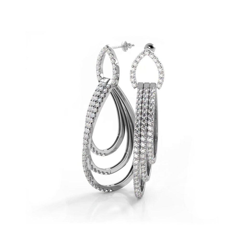 3.0 ctw. Round Diamond Drop Earrings Triple Hoop Dangles - 14K White Gold - H-I Color I1-I2 Clarity