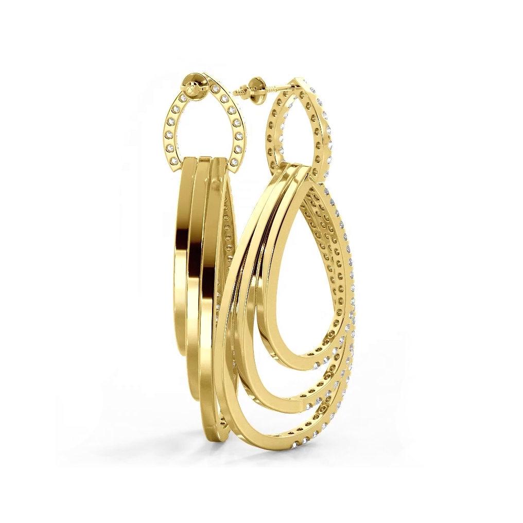 3.0 ctw. Round Diamond Drop Earrings Triple Hoop Dangles - 14K Yellow Gold - G-H Color SI1-SI2 Clarity