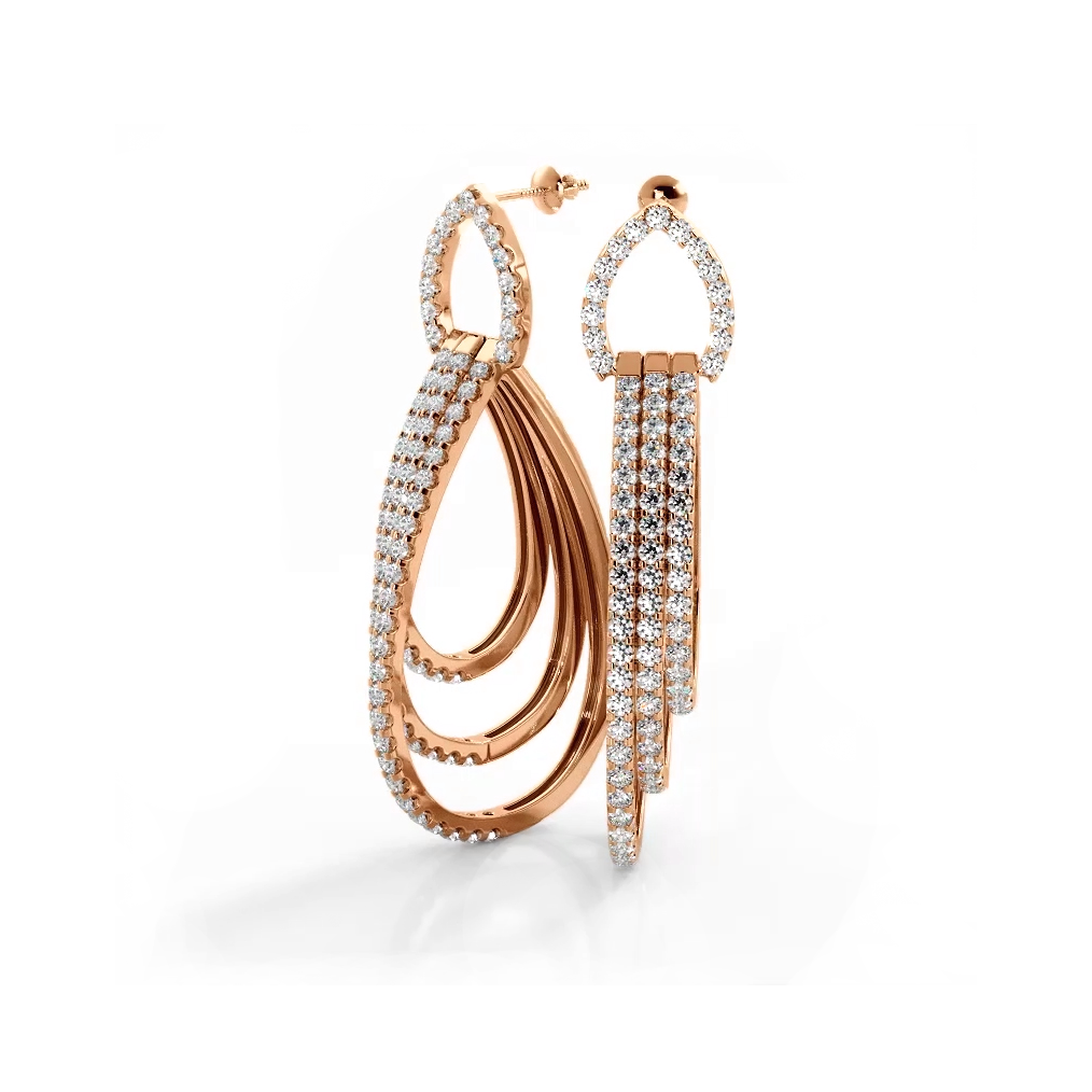 3.0 ctw. Round Diamond Drop Earrings Triple Hoop Dangles - 14K Rose Gold - E-F Color VS1-VS2 Clarity