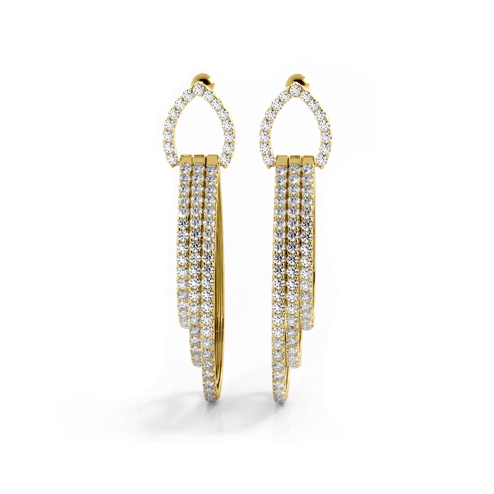 3.0 ctw. Round Diamond Drop Earrings Triple Hoop Dangles - 14K Yellow Gold - E-F Color VS1-VS2 Clarity