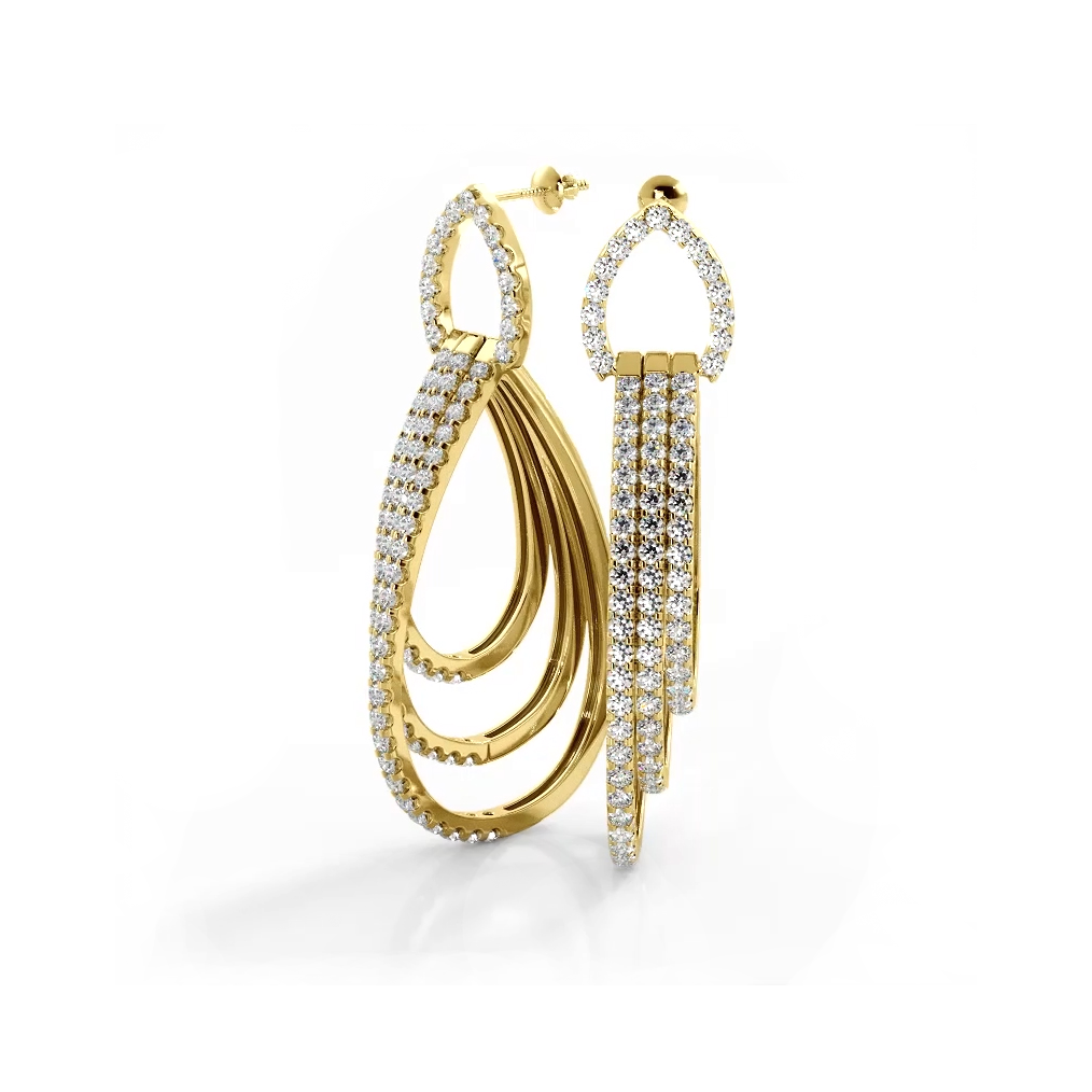 3.0 ctw. Round Diamond Drop Earrings Triple Hoop Dangles - 14K Yellow Gold - H-I Color I1-I2 Clarity