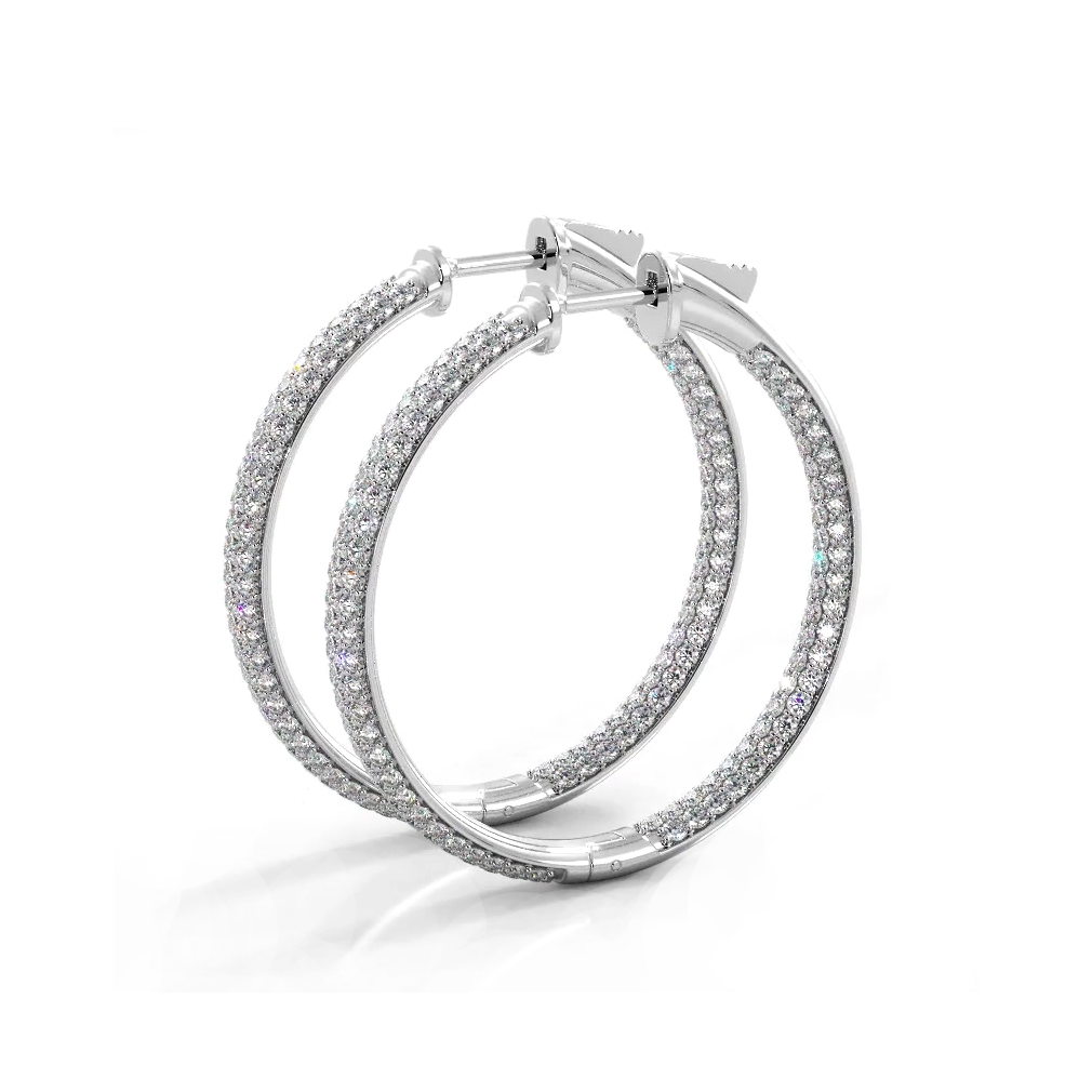 2.5 ctw. Triple Row Inside Out Pave Diamond Hoop Earrings Dome Style - 14K White Gold - H-I Color I1-I2 Clarity