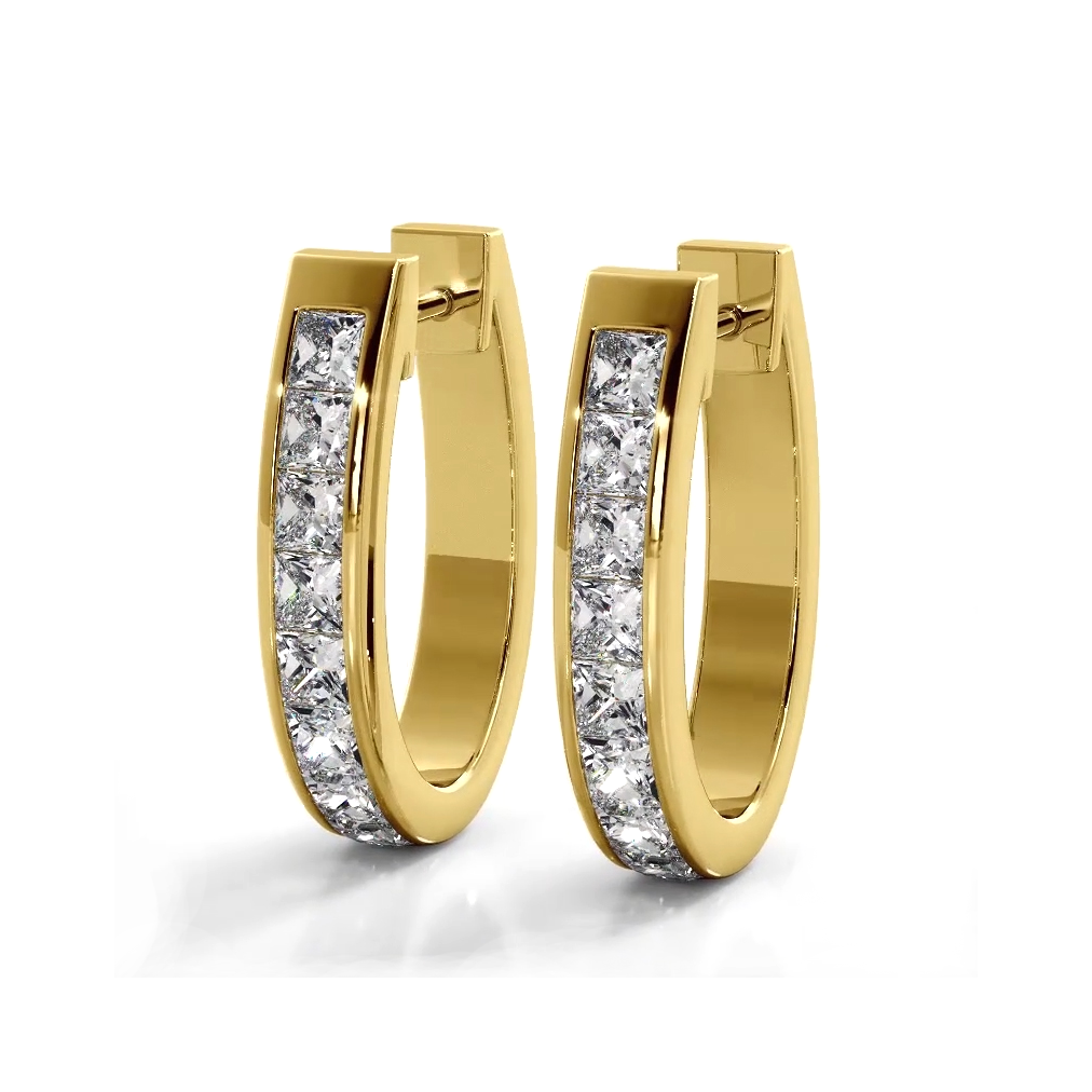 Channel Set 1.0 ctw. Princess Cut Diamond Hoop Earrings - 14K Yellow Gold - E-F Color VS1-VS2 Clarity