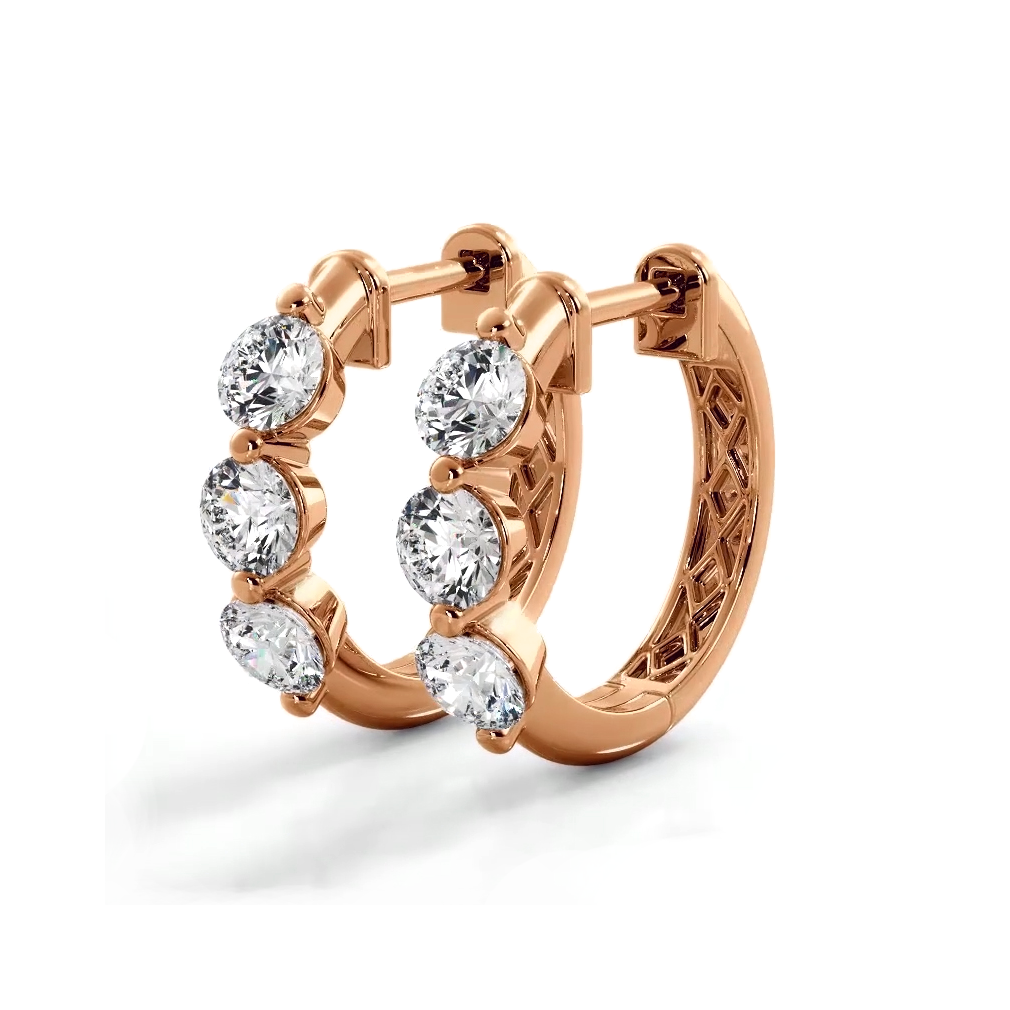 1.0 ctw. Three Stone Floating Round Diamond Hoop Earrings - 14K Yellow Gold - F-G Color VS1-VS2 Clarity