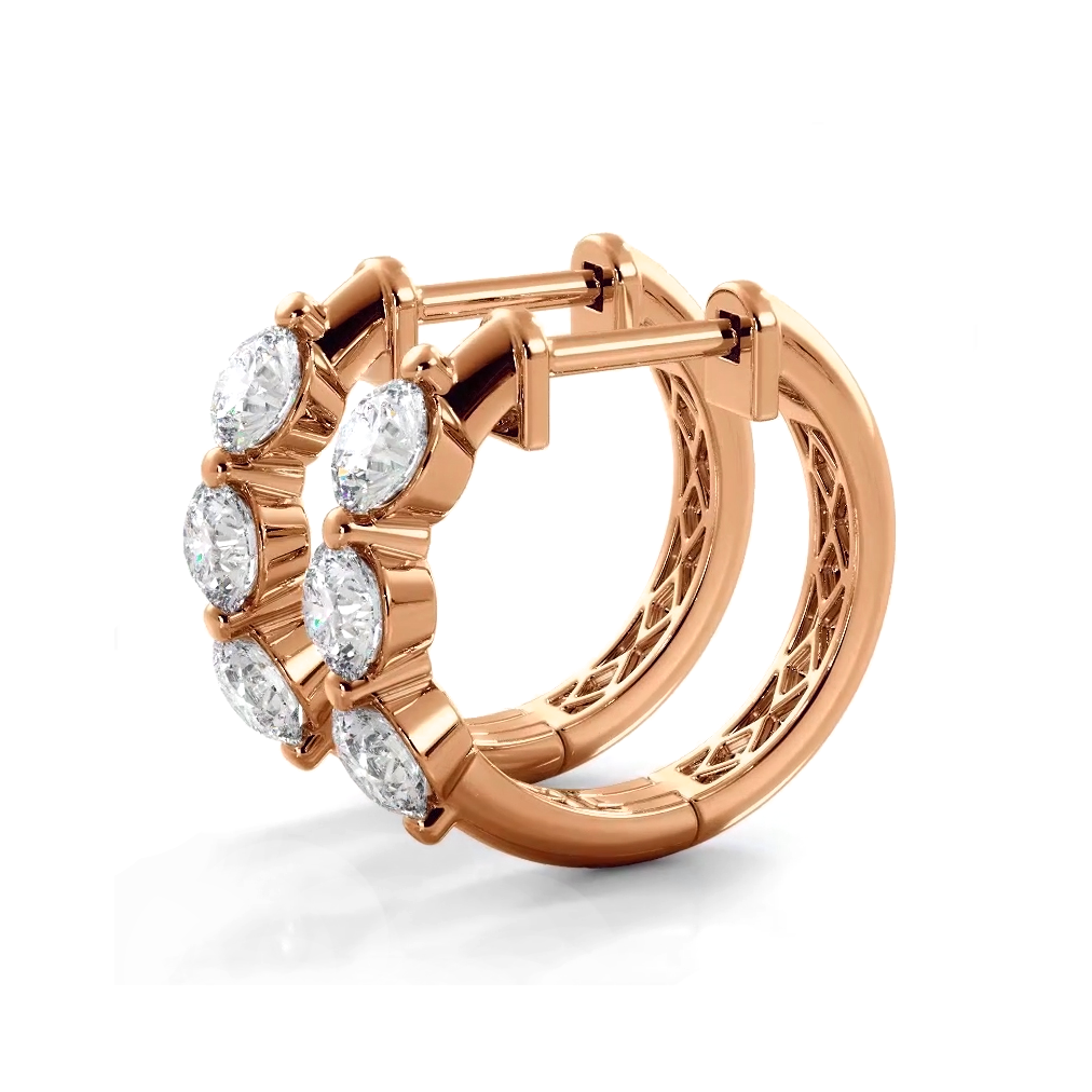 1.0 ctw. Three Stone Floating Round Diamond Hoop Earrings - 14K Rose Gold - E-F Color VS1-VS2 Clarity