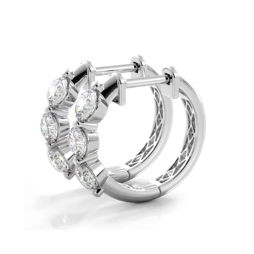 1.0 ctw. Three Stone Floating Round Diamond Hoop Earrings - 14K White Gold - H-I Color I1-I2 Clarity