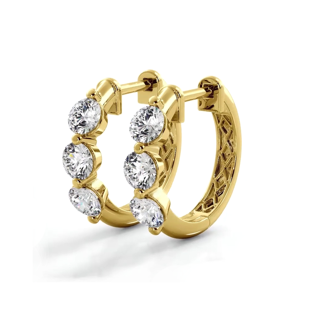 1.0 ctw. Three Stone Floating Round Diamond Hoop Earrings - 14K Yellow Gold - E-F Color VS1-VS2 Clarity