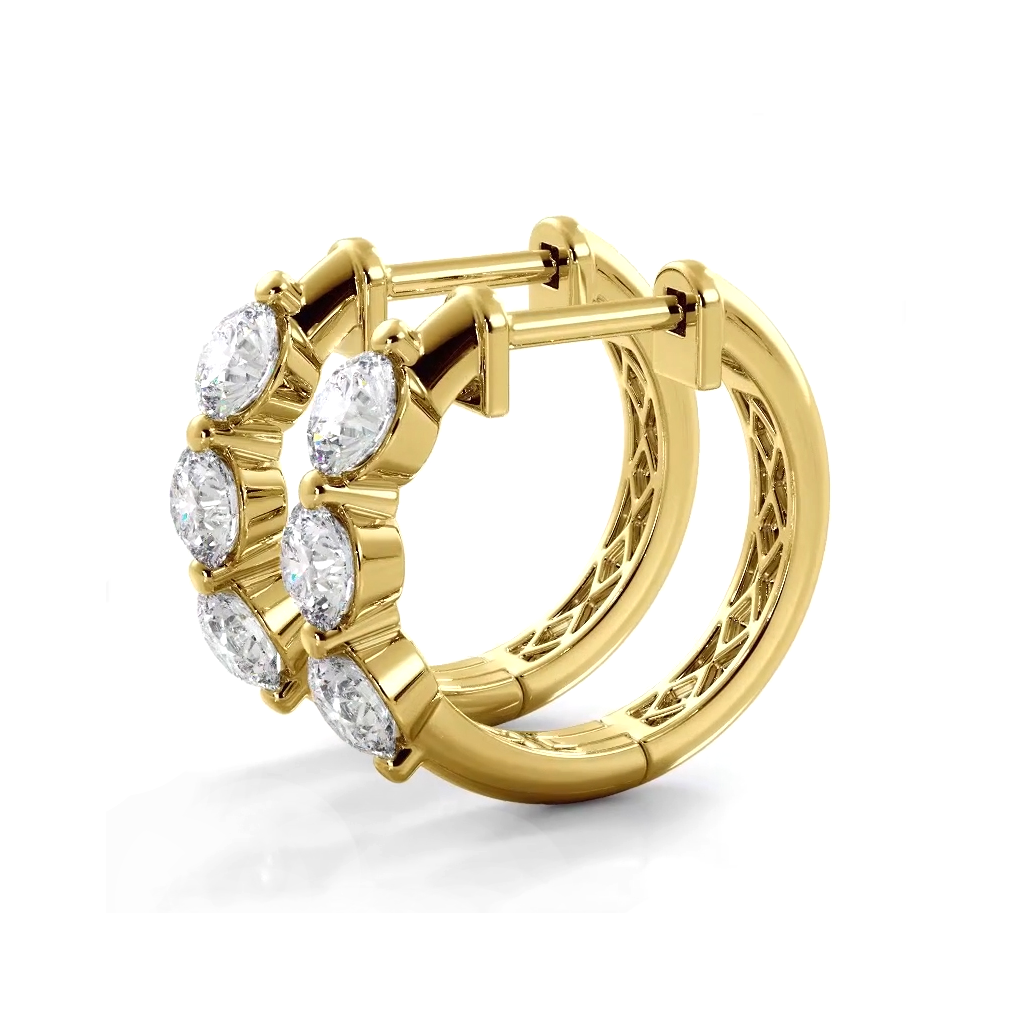 1.0 ctw. Three Stone Floating Round Diamond Hoop Earrings - 14K Yellow Gold - H-I Color I1-I2 Clarity