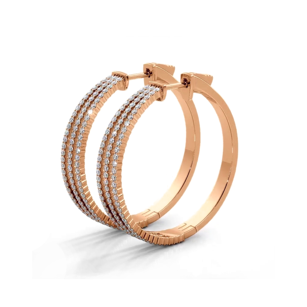 1.70 ctw. Three Separate Row Diamond Hoop Earrings - 14K Rose Gold - E-F Color VS1-VS2 Clarity