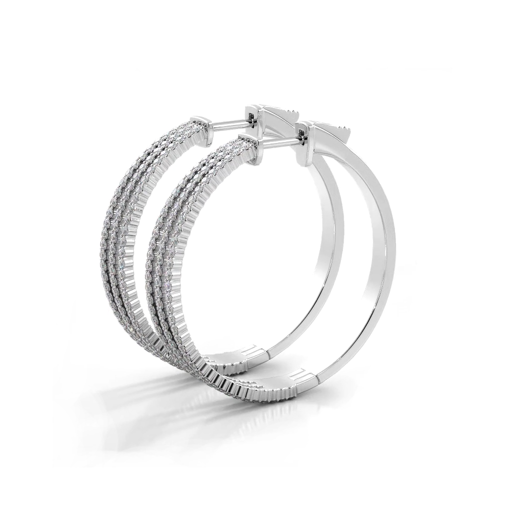 1.70 ctw. Three Separate Row Diamond Hoop Earrings - 14K White Gold - H-I Color I1-I2 Clarity