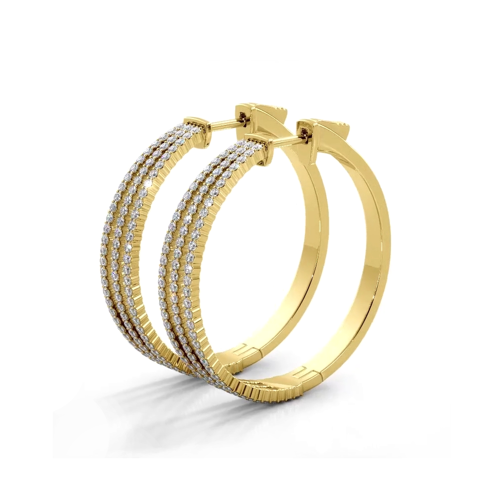1.70 ctw. Three Separate Row Diamond Hoop Earrings - 14K Yellow Gold - H-I Color I1-I2 Clarity