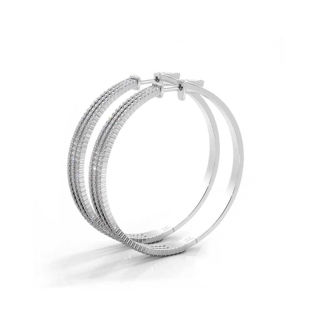 2.50 ctw. Large Three Row Diamond Hoop Earrings - 14K White Gold - H-I Color I1-I2 Clarity