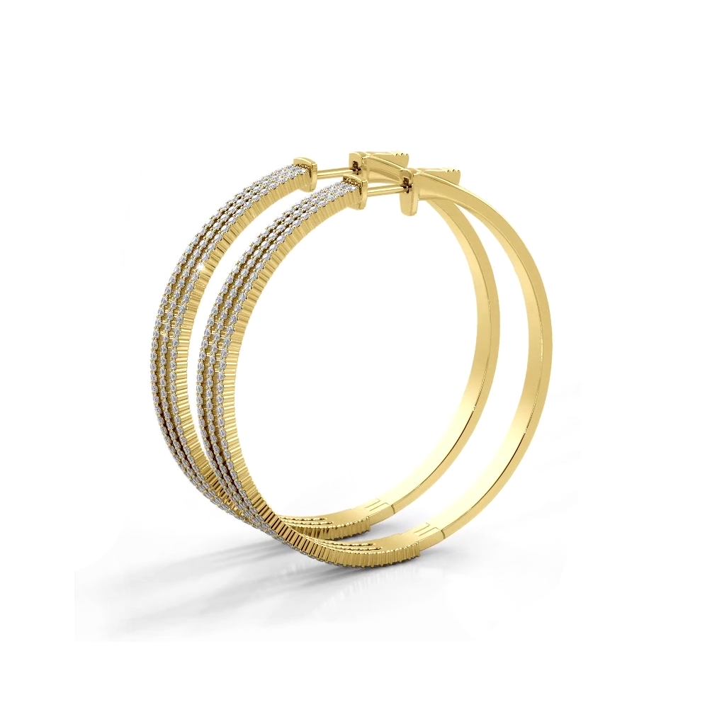 2.50 ctw. Large Three Row Diamond Hoop Earrings - 14K Yellow Gold - H-I Color I1-I2 Clarity
