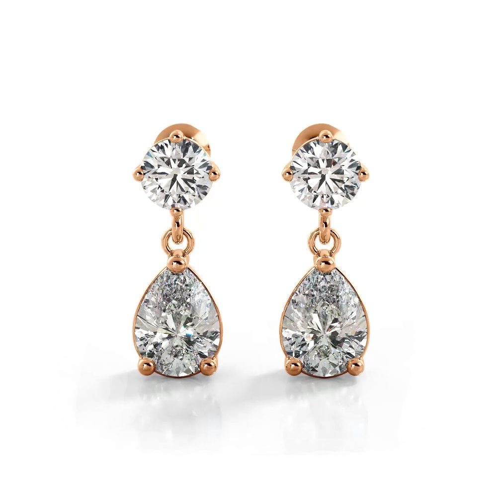 1.0 ctw. Alluring Round And Pear Shaped Drop Earrings Solitaire Style - 14K Rose Gold - E-F Color VS1-VS2 Clarity