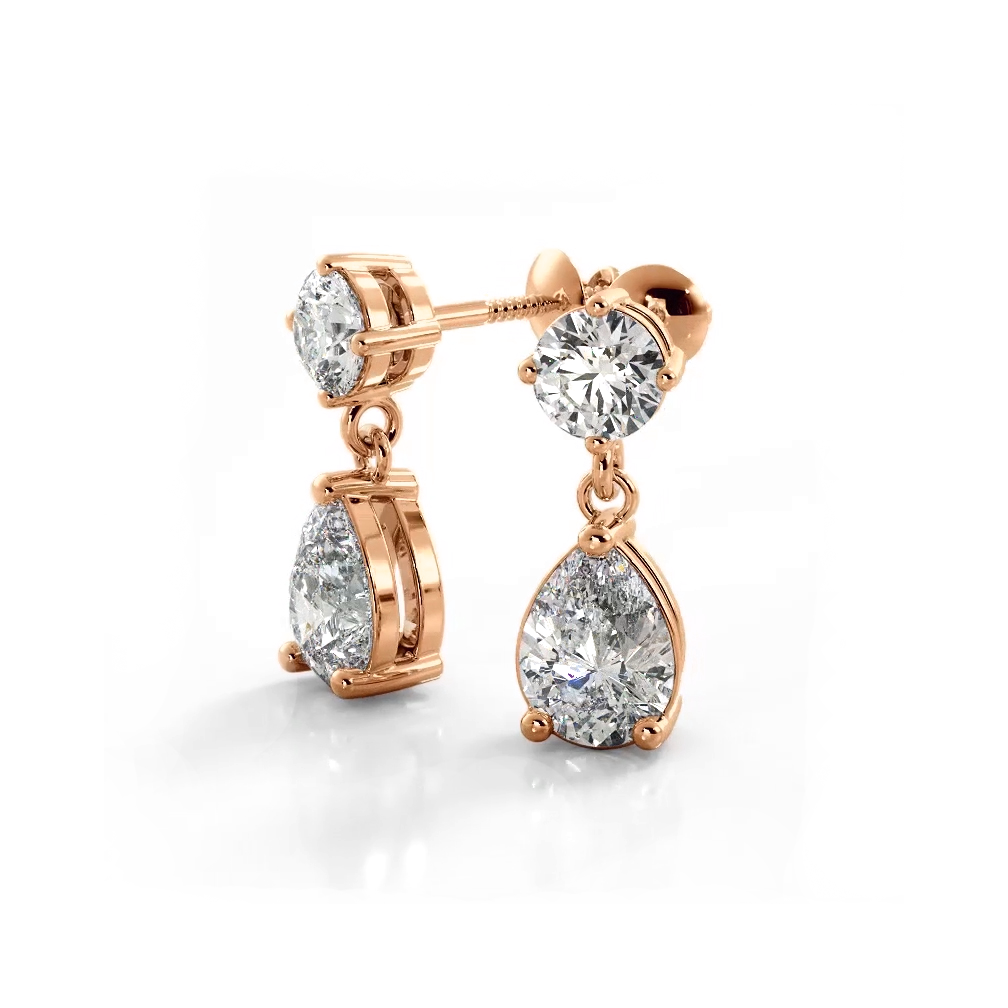 1.0 ctw. Alluring Round And Pear Shaped Drop Earrings Solitaire Style - 14K Rose Gold - H-I Color I1-I2 Clarity
