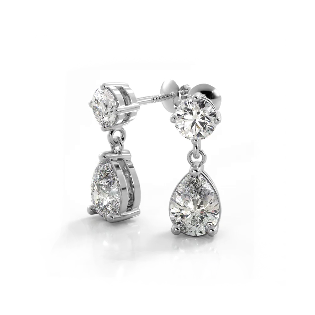 1.0 ctw. Alluring Round And Pear Shaped Drop Earrings Solitaire Style - 14K White Gold - H-I Color I1-I2 Clarity