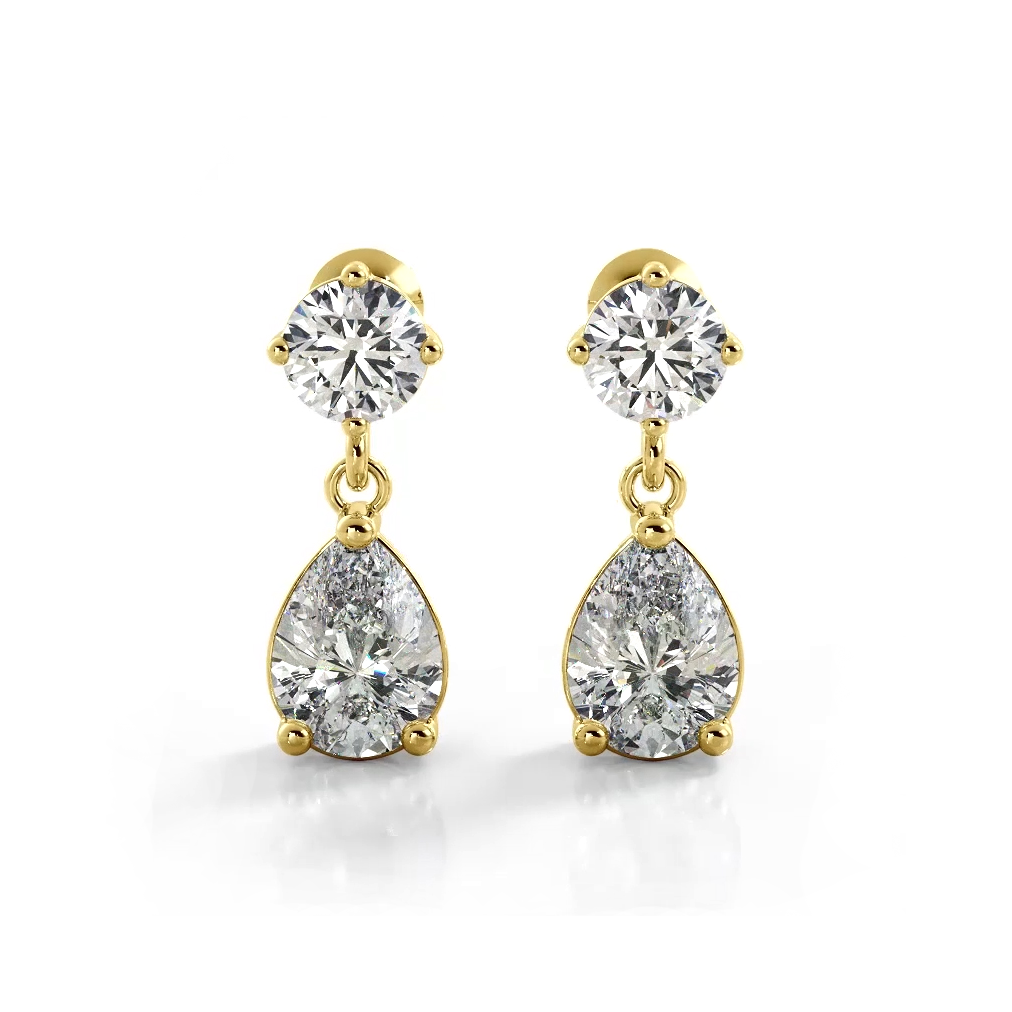 1.0 ctw. Alluring Round And Pear Shaped Drop Earrings Solitaire Style - 14K Yellow Gold - E-F Color VS1-VS2 Clarity