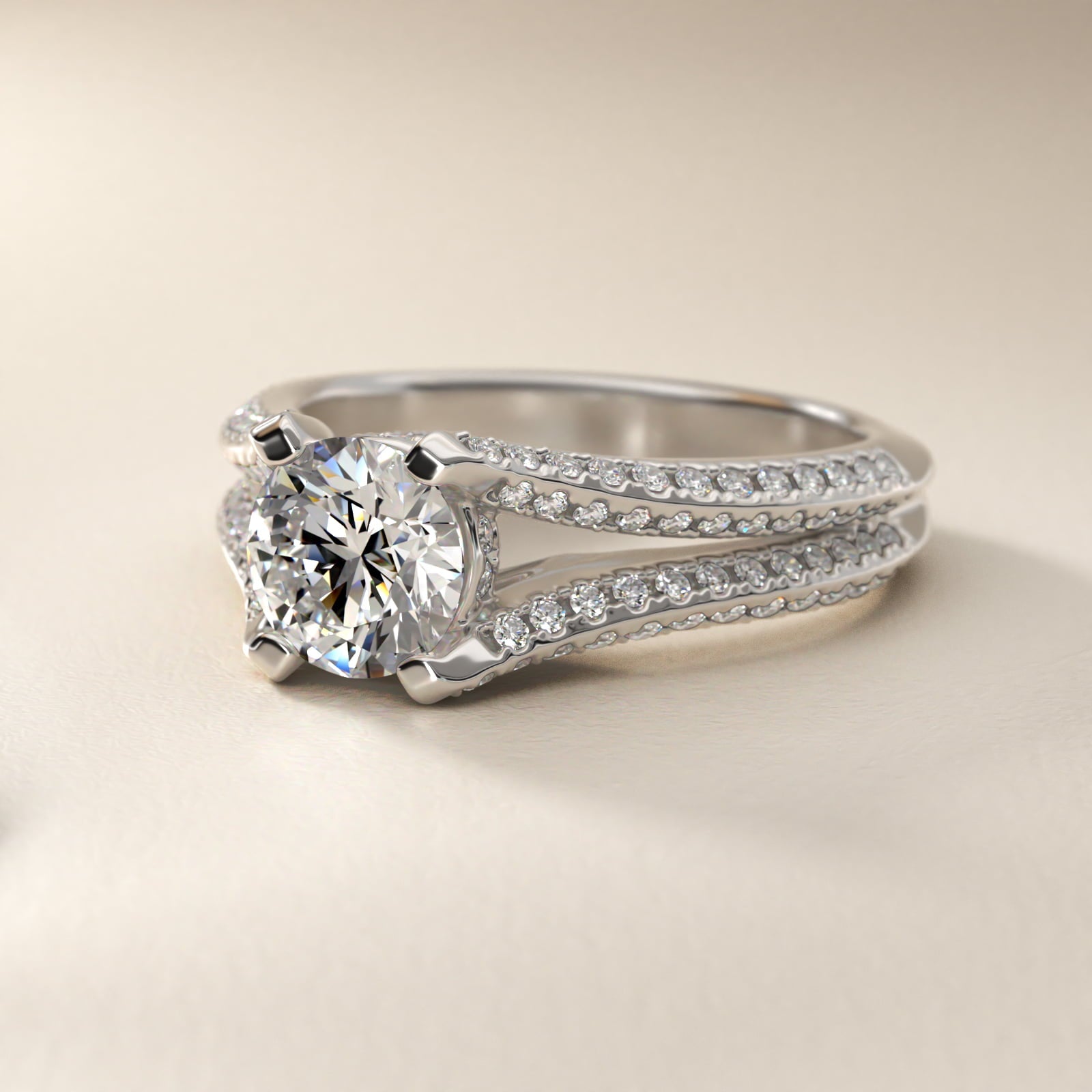 Seattle Split Shank Double PavŽ Diamond Engagement Ring in 14k White Gold (3/4 ct. tw.) By Bella Vaughan - Round Center