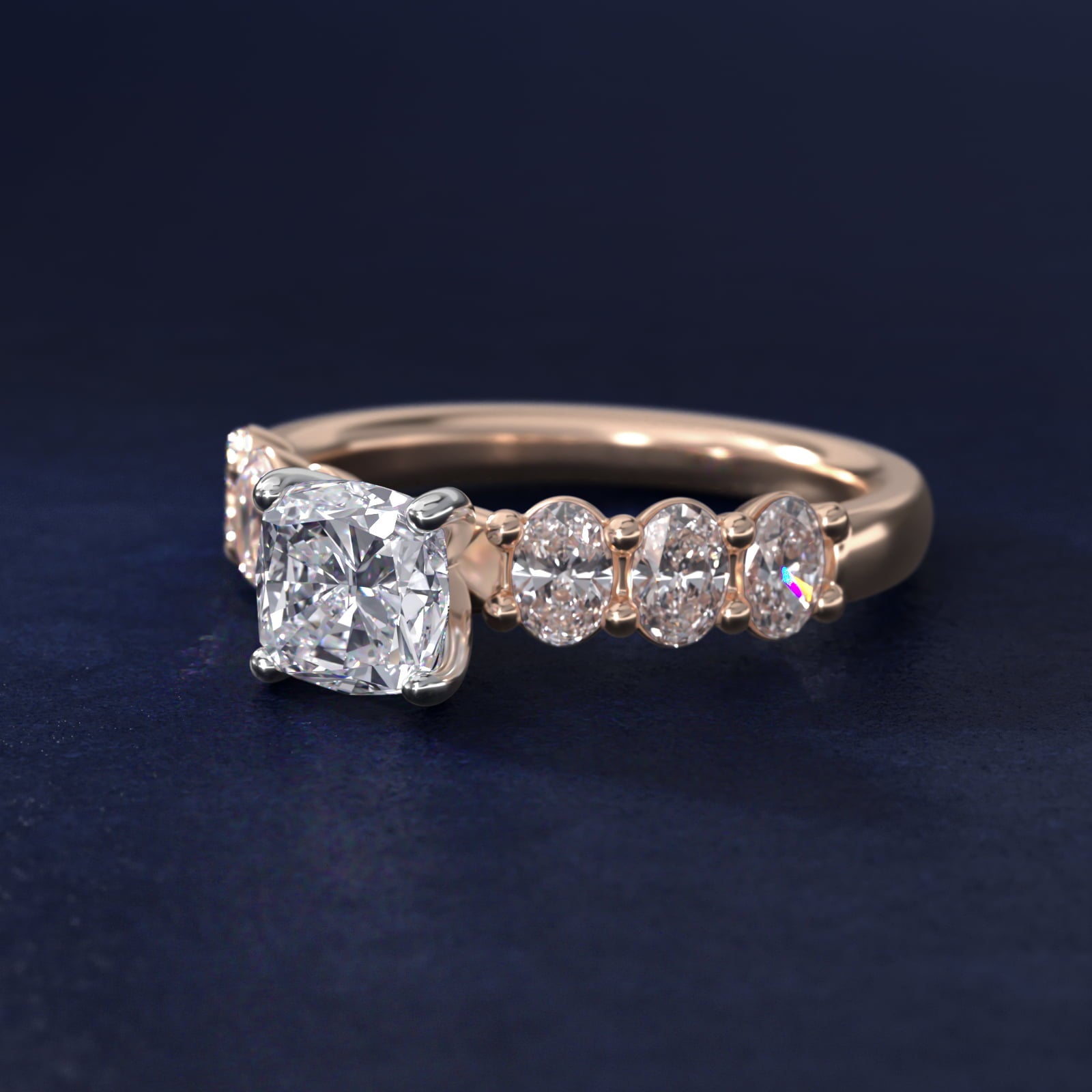 Seven Stone Oval Diamond Engagement Ring in 14k Rose Gold (1 ct.tw.) - Cushion Center