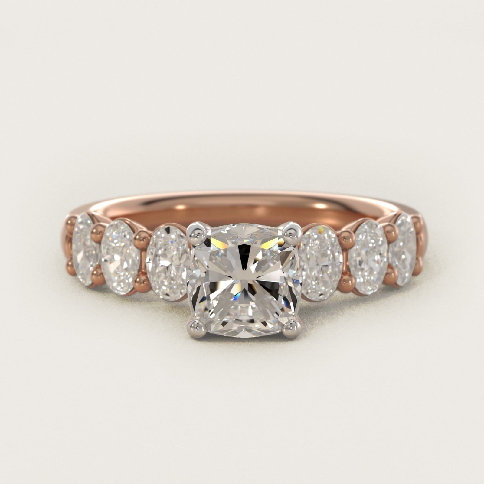 Seven Stone Oval Diamond Engagement Ring in 18k Rose Gold (1 ct.tw.) - Cushion Center