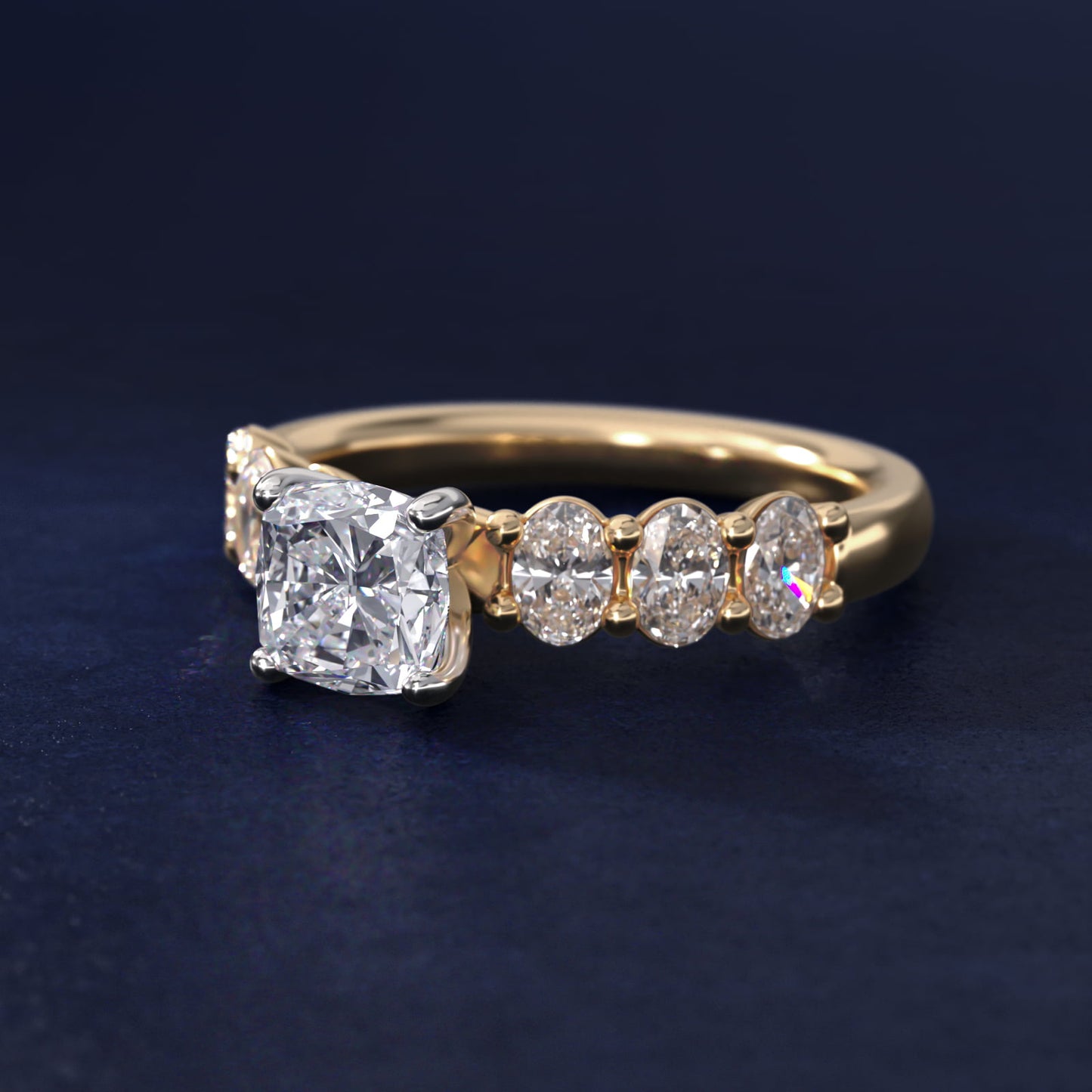 Seven Stone Oval Diamond Engagement Ring in 14K Yellow Gold (1 ct.tw.) - Cushion Center