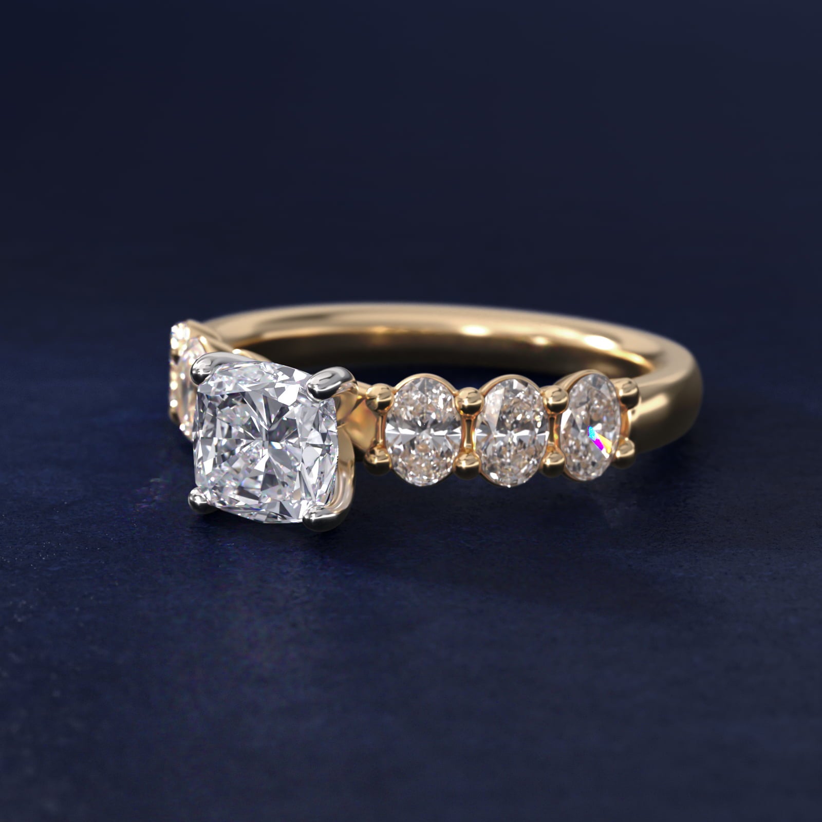 Seven Stone Oval Diamond Engagement Ring in 14K Yellow Gold (1 ct.tw.) - Cushion Center