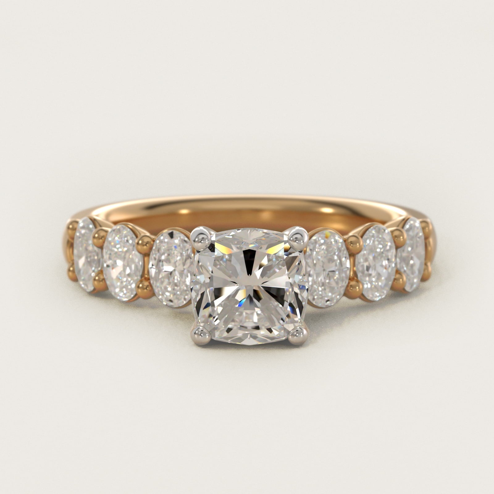 Seven Stone Oval Diamond Engagement Ring in 18k Yellow Gold (1 ct.tw.) - Cushion Center