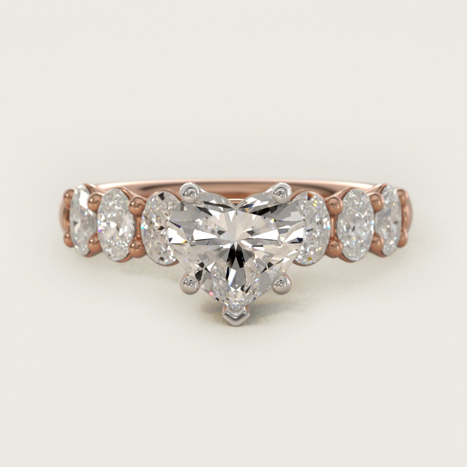 Seven Stone Oval Diamond Engagement Ring in 18k Rose Gold (1 ct.tw.) - Heart Center