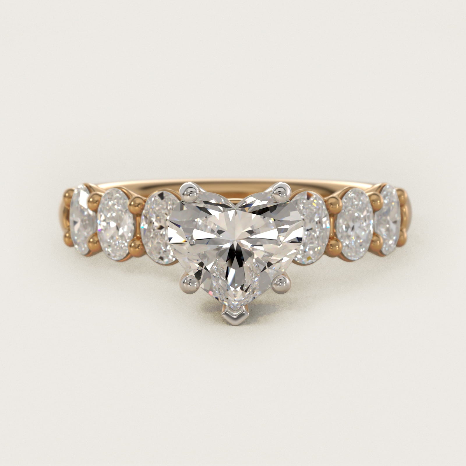 Seven Stone Oval Diamond Engagement Ring in 18k Yellow Gold (1 ct.tw.) - Heart Center