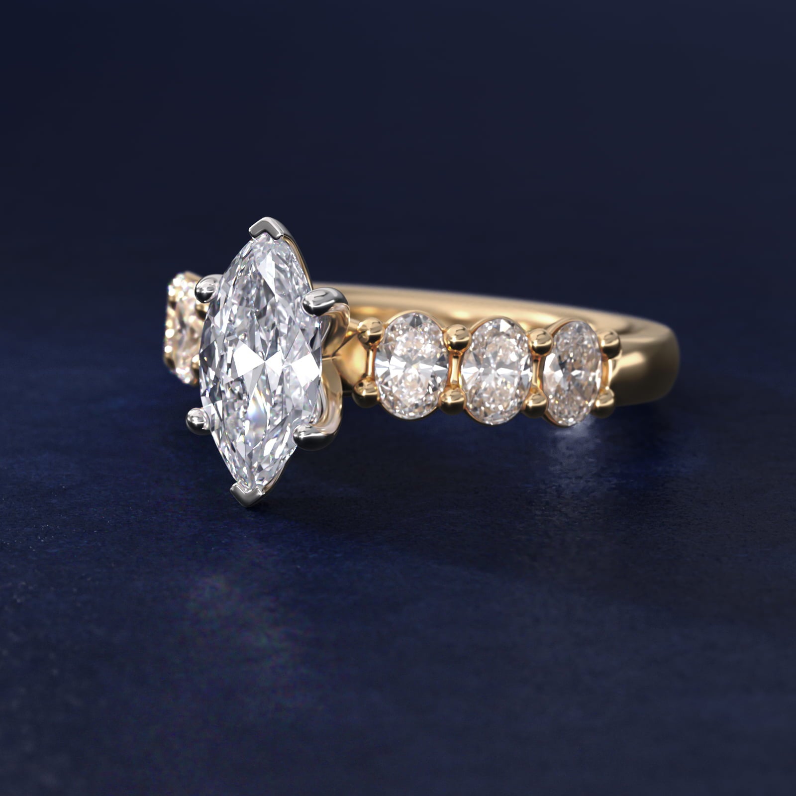 Seven Stone Oval Diamond Engagement Ring in 18k Yellow Gold (1 ct.tw.) - Marquise Center