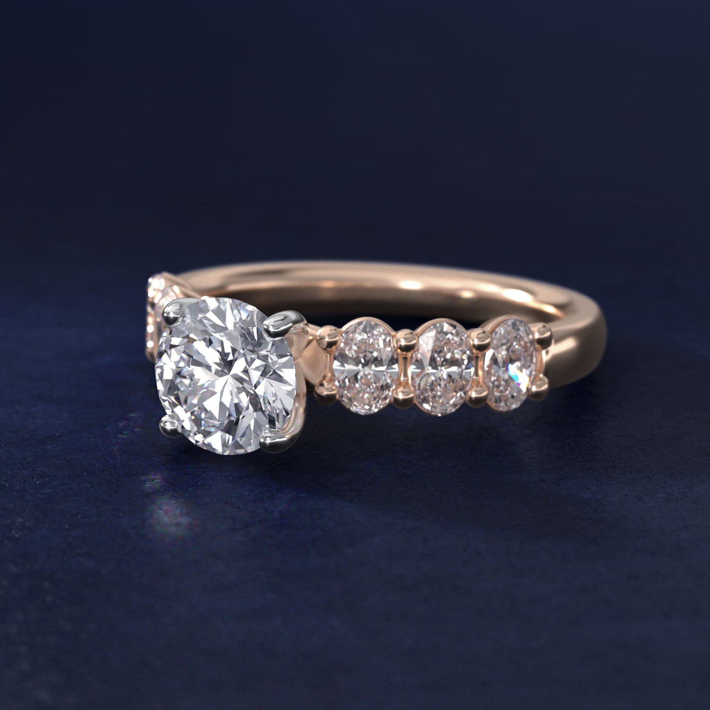 Seven Stone Oval Diamond Engagement Ring in 14k Rose Gold (1 ct.tw.) - Round Center
