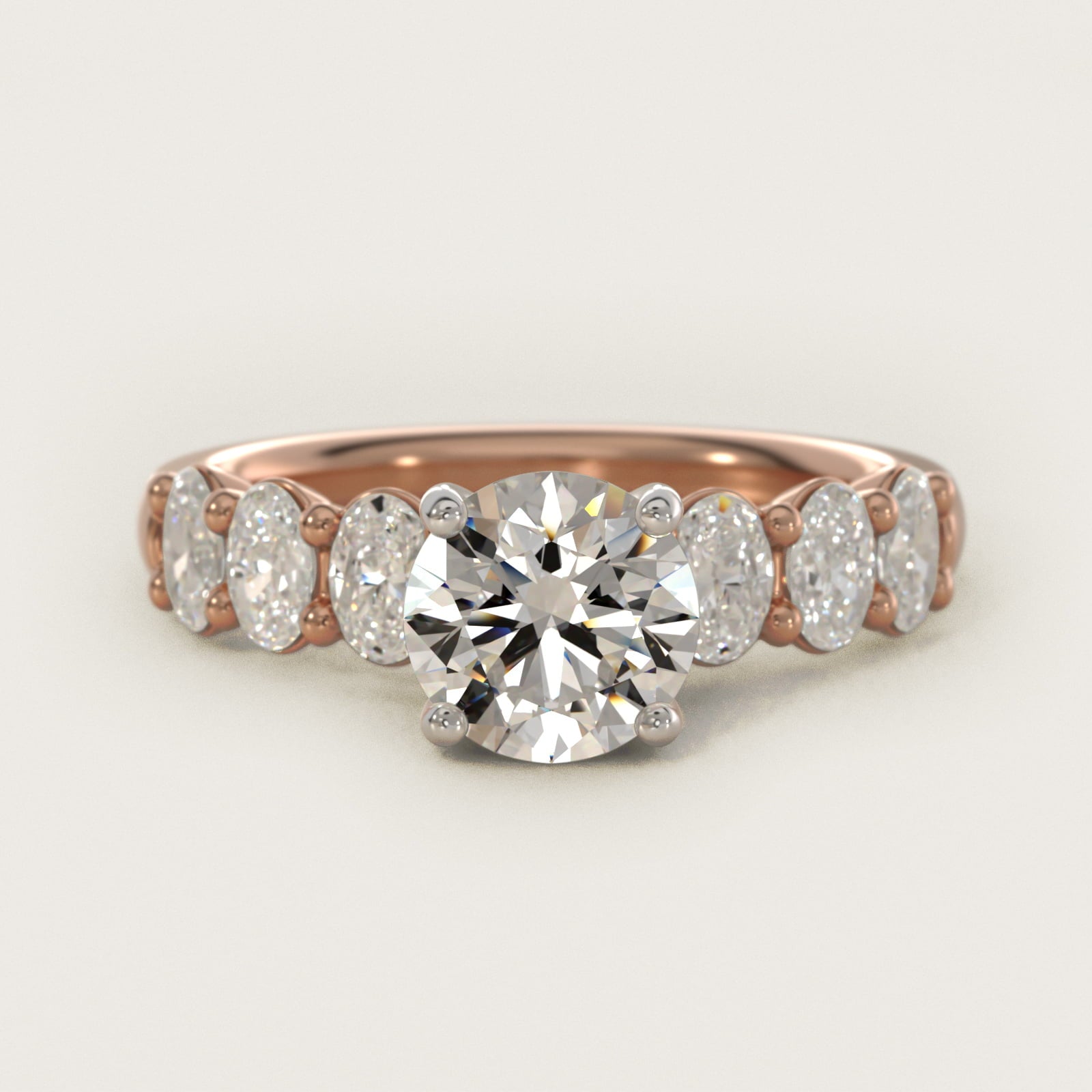 Seven Stone Oval Diamond Engagement Ring in 18k Rose Gold (1 ct.tw.) - Round Center