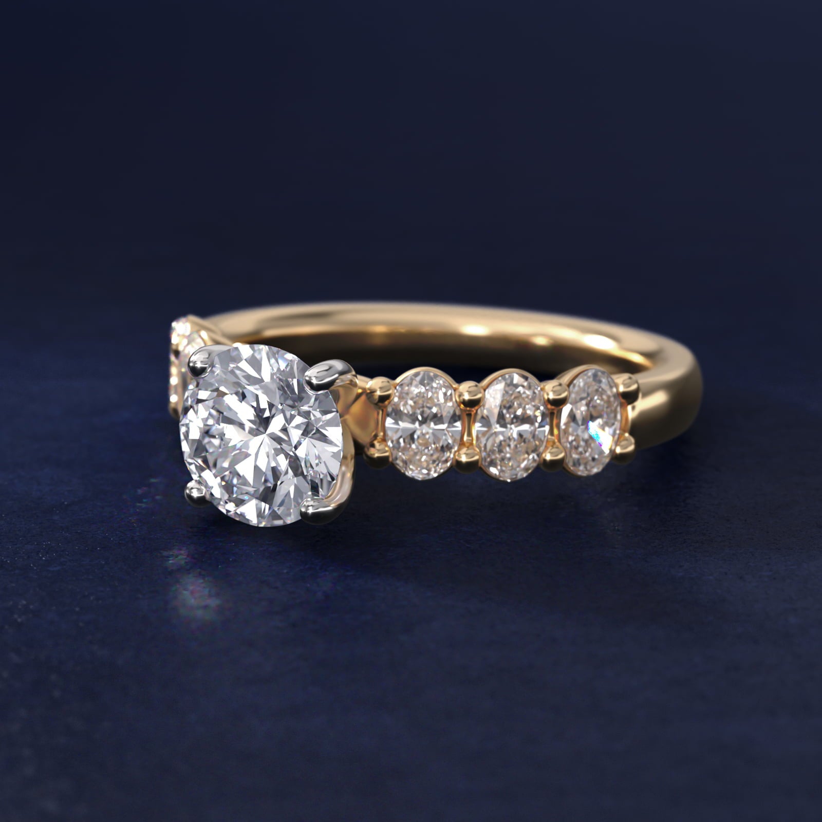 Seven Stone Oval Diamond Engagement Ring in 18k Yellow Gold (1 ct.tw.) - Round Center