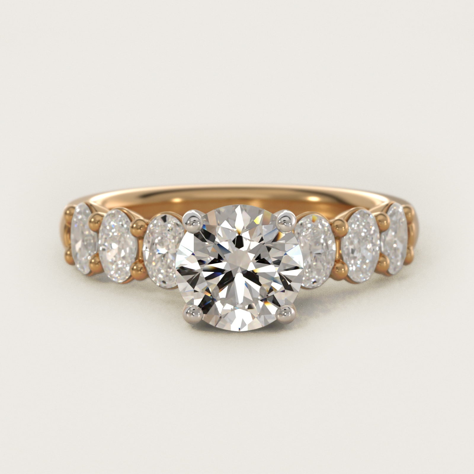 Seven Stone Oval Diamond Engagement Ring in 14K Yellow Gold (1 ct.tw.) - Round Center