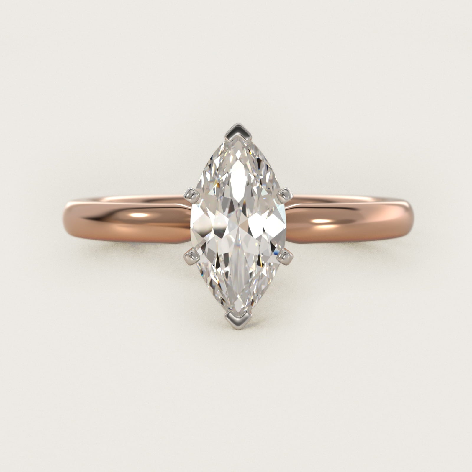 Six-Prong Low Dome Comfort Fit Solitaire Engagement Ring in 14k Rose Gold (2mm) - Marquise Center