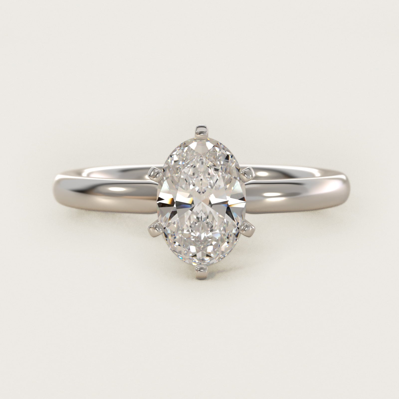 Six-Prong Low Dome Comfort Fit Solitaire Engagement Ring in 18k White Gold (2mm) - Oval Center