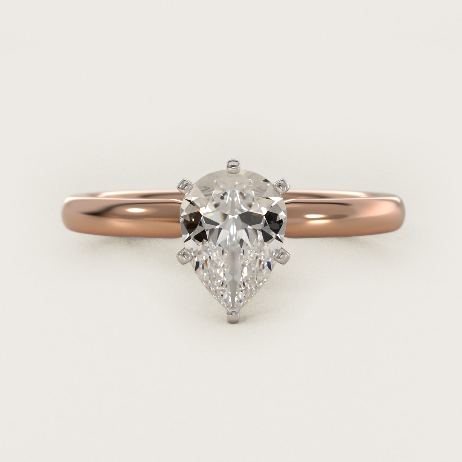 Six-Prong Low Dome Comfort Fit Solitaire Engagement Ring in 14k Rose Gold (2mm) - Pear Center