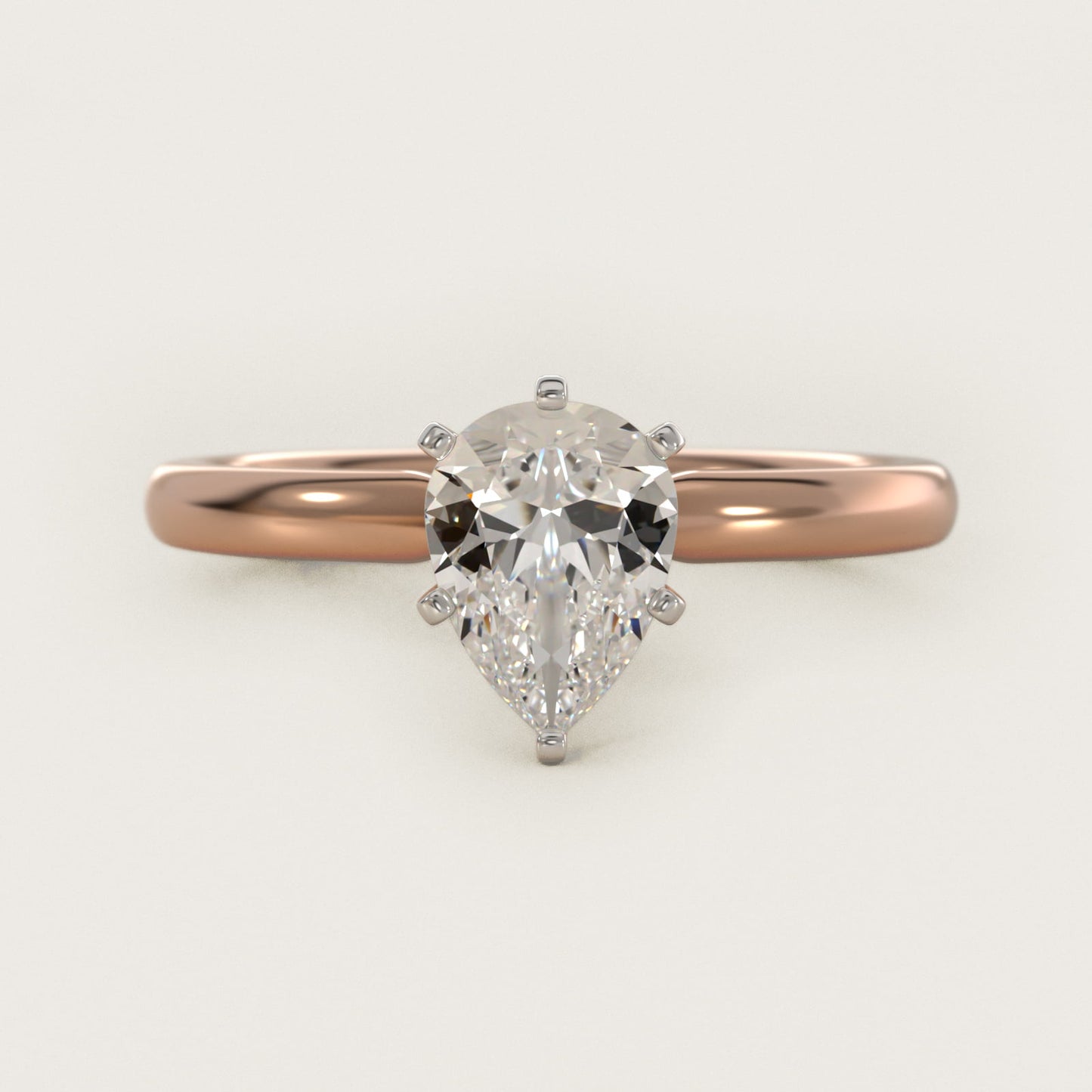Six-Prong Low Dome Comfort Fit Solitaire Engagement Ring in 18k Rose Gold (2mm) - Pear Center