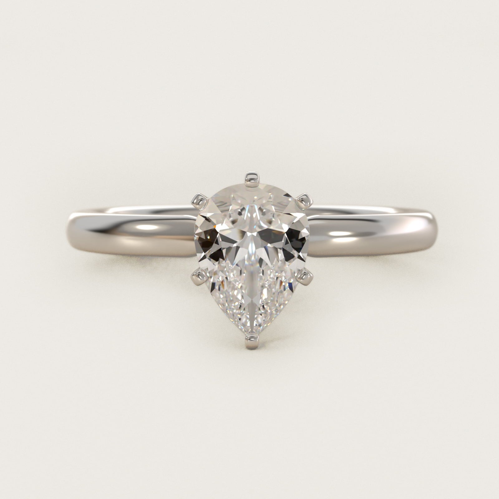 Six-Prong Low Dome Comfort Fit Solitaire Engagement Ring in 18k White Gold (2mm) - Pear Center